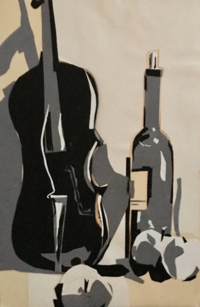 collage art of a stillife with violin, collage kunst, stilleven met viool