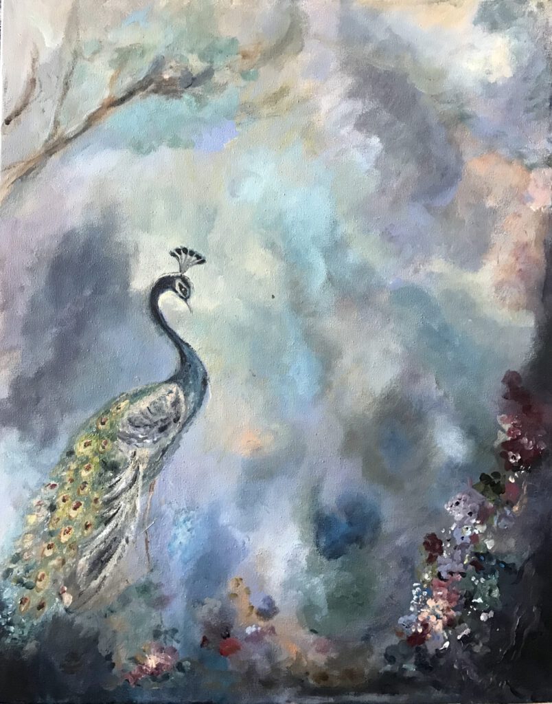 pauw peacock painting schilderij blauw paars groen saskia stapel blue purple green tree flowers boom bloemen