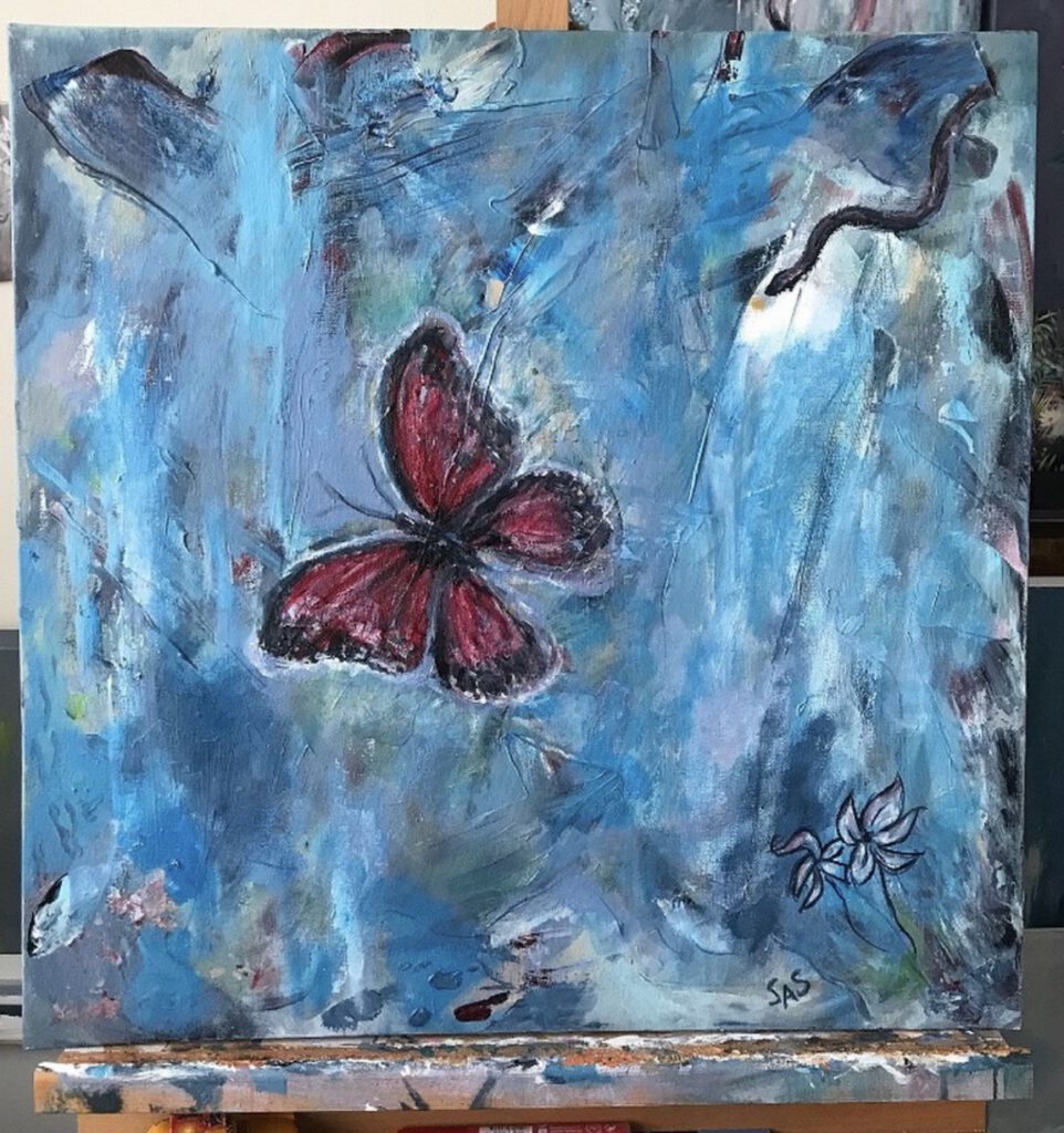 Schilderij vlinder painting butterfly blue red abstract blauw rood